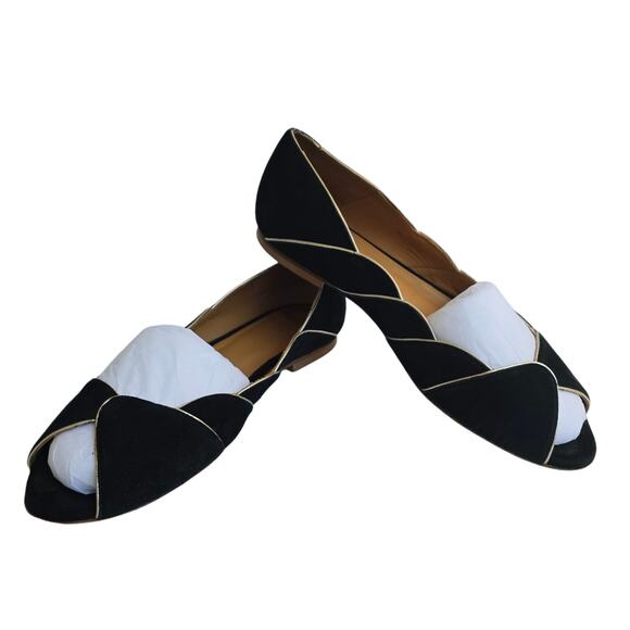Sézane Suzanne Flats Black Suede Gold Scallop Edge Retro Peep Toe Size FR40 US 9 - Picture 1 of 15
